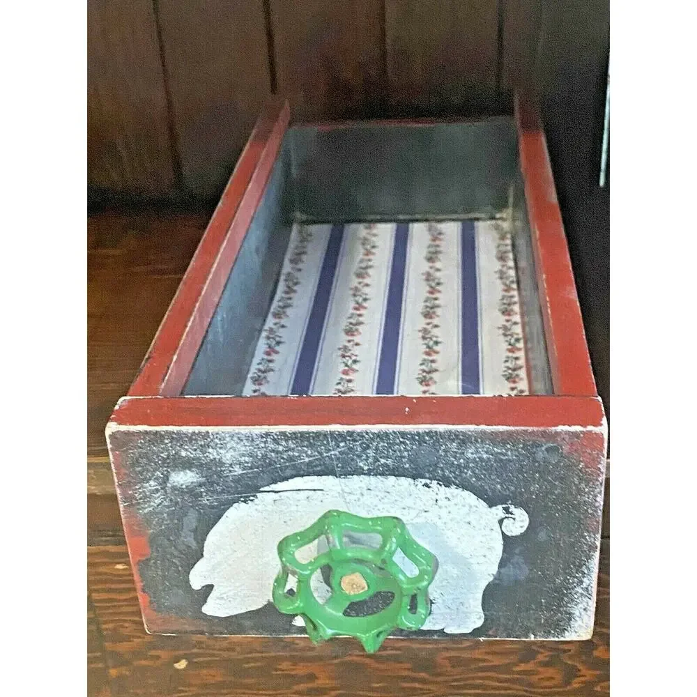 Farmhouse Wood Drawer Crate w/ Vintage Pig Feed Spigot Handle, Red/Black